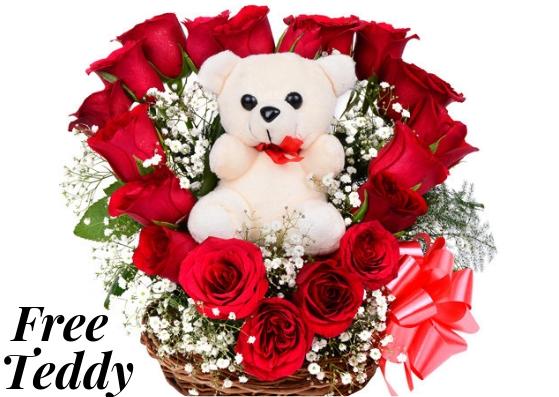 20 Red Roses Heart in a Basket with Free Teddy product1294